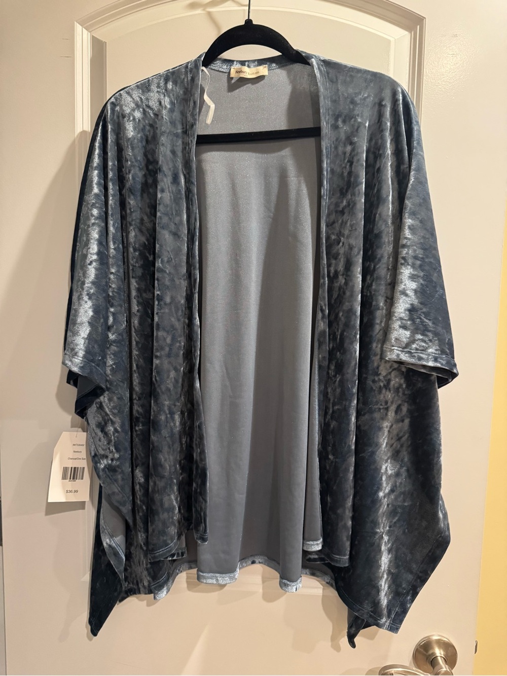 Newbury Kustom Velvet Open-Front Kimono Cardigan in Slate Blue